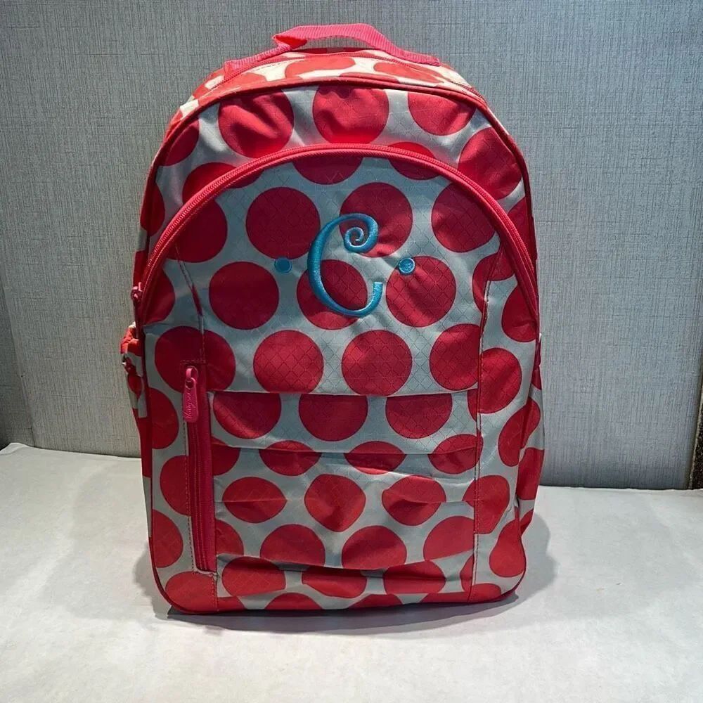 thirty-one Pink Gray Polka Dot Backpack "C" Embroidered School Dance Girls Kids